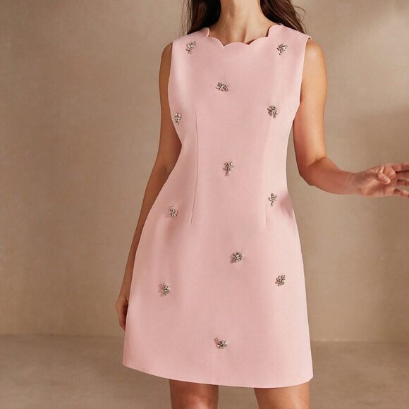 Baby Pink Elegant Women's Sleeveless Round Neck Embroidery Summer Dress - Picture 6 of 7